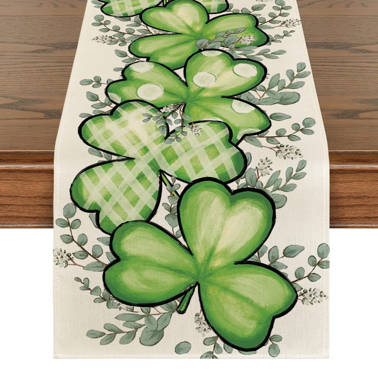 Clover Shamrocks Eucalyptus Buffalo Plaid St.Patrick's Day Table Runner, Seasonal Kitchen Dining Table Runner for Home Party Decor 13x36 Inch